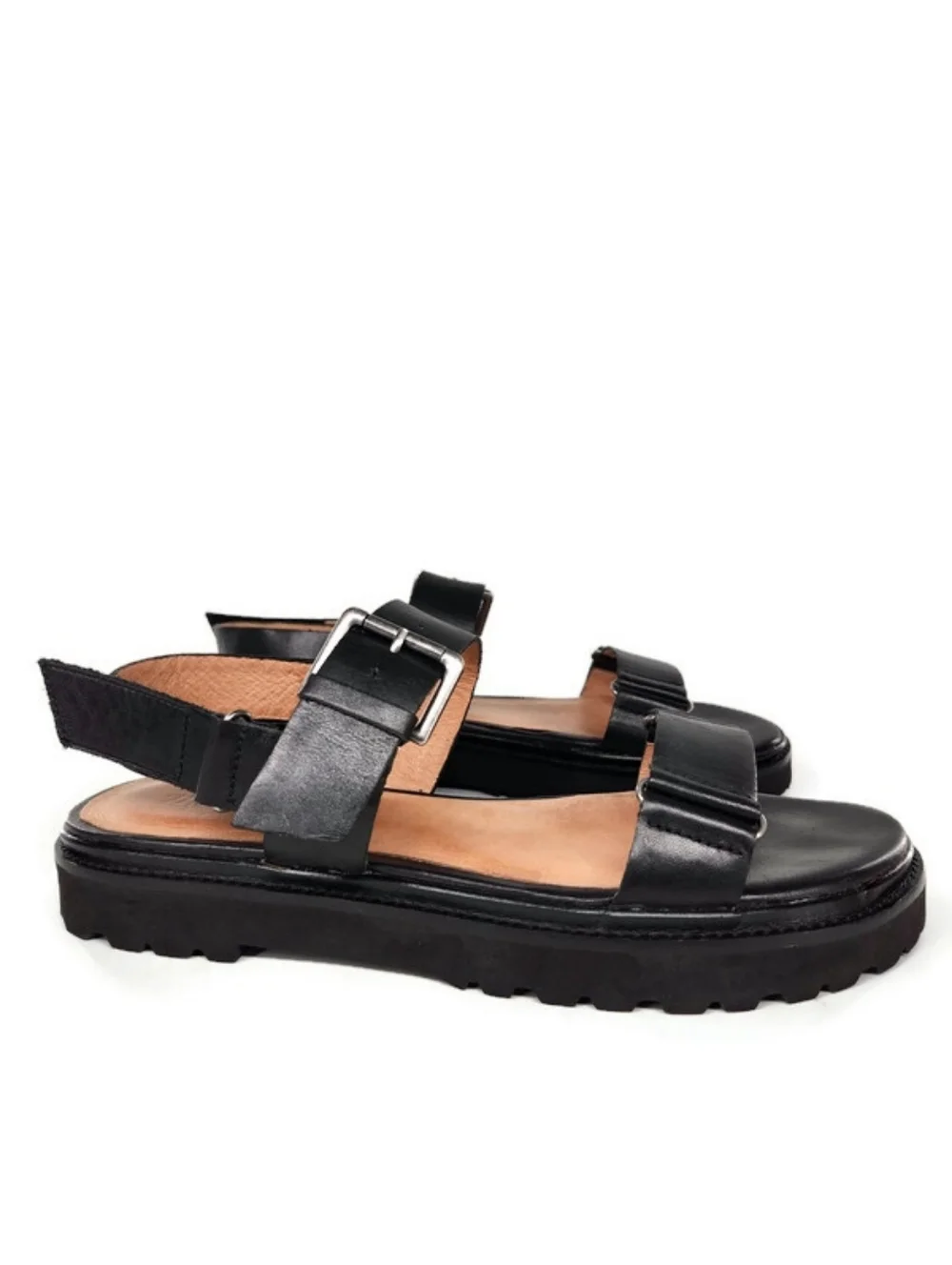 Madewell The Cady Black Leather Slingback Open-Toe Flat Lug-Sole Sandals
